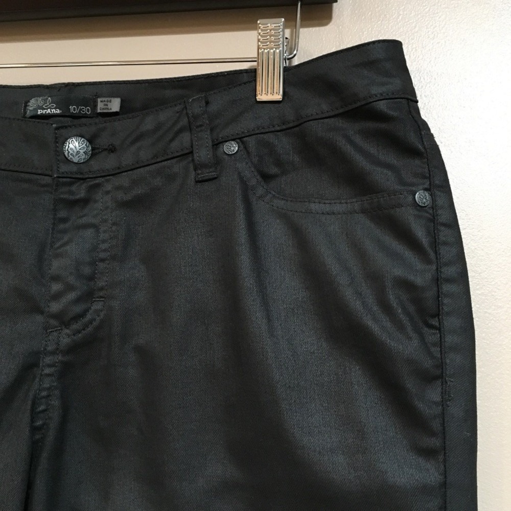 Prana Jett Coated Waxed Pants Women 10/30 Black Goth Moto Streetwear Edgy Skinny - Picture 4 of 15